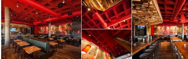 Custom Color Red SonaSpray “fc” on the ceiling in Spin Neapolitan Pizza restaurant